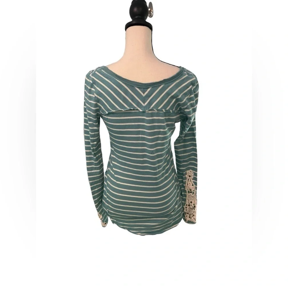 Free People Teal Striped Crochet Sleeve Cotton Long Sleeve Top Size Medium